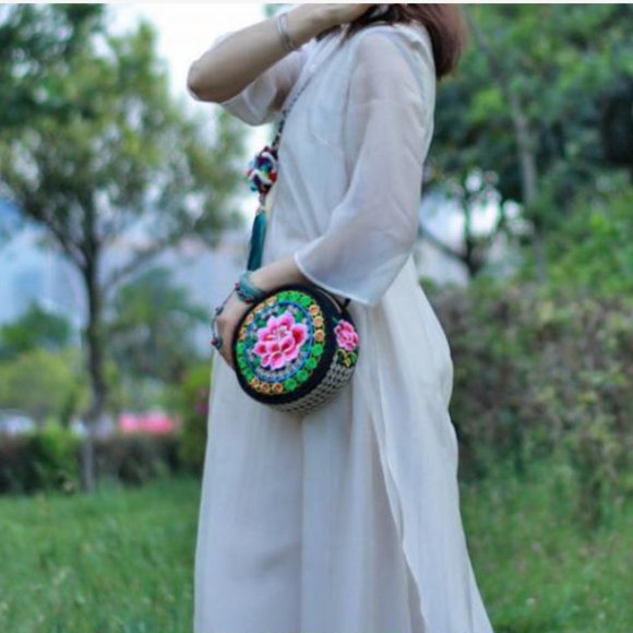 Embroidered Round Shoulder Bag Bright Multi Color Floral bag adjustable strap - Picture 7 of 7